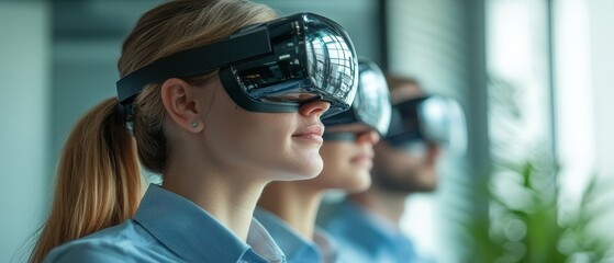 Group of Professionals Using Virtual Reality Headsets in a Modern Office Environment