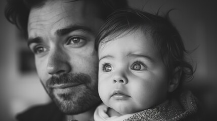 Black and white portrait of caucasian man with beard holding young child Close-up of father and child Emotional family moment Tender expression Paternal love