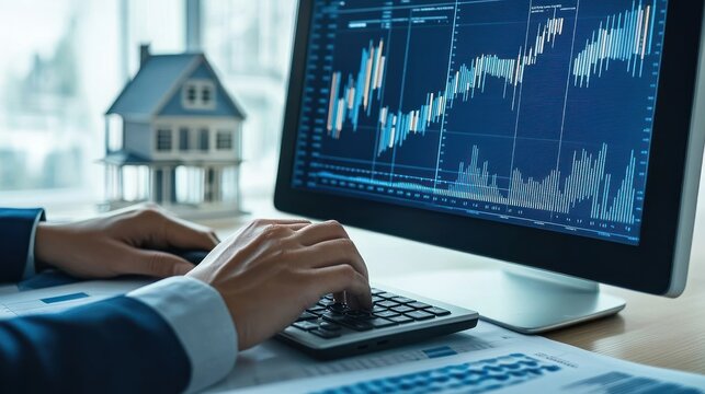 Person Analyzing Financial Data with a Calculator and a Computer Displaying Stock Market Charts