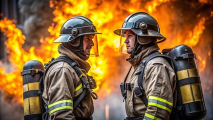 Fototapeta premium Two helmeted firefighters in heavy-duty jackets and pants, standing back to back, engaged in serious conversation amidst a blurred background of flames and smoke.