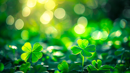 close up clover leaves, green, St. Patricks Day, selective focus, bokeh background with copy space.