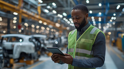 employee with tablet overseeing automated welding robots at factory