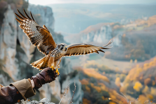 Close up on Falconer with training hawk on the hand stand on the cliff mountain.