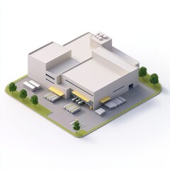 3D Render of a factory with a large front entrance and several loading bays