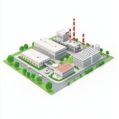 Obraz premium 3D Render of a factory with a large central building and smaller attached units for different purposes