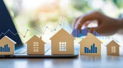Miniature Houses on Laptop with Growth Chart and Blurred Hand