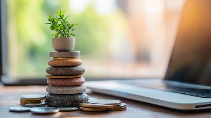 A plant grows on a stack of coins, symbolizing financial growth and investment strategy in a serene office setting.