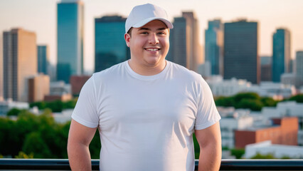 Fototapeta premium Plus size young man wearing white t-shirt and white baseball cap standing on cityscape background