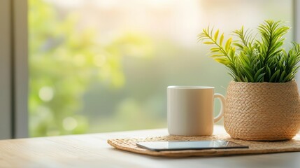 A cozy scene of a cup, plant, and smartphone on a wooden table, illuminated by soft natural light through the window.