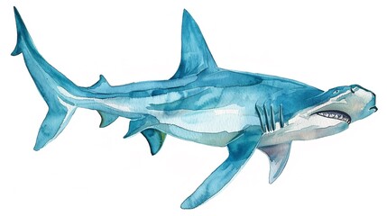 Obraz premium Hammerhead shark patrolling,Clipart, watercolor illustration, Perfect for nursery art The style is hand drawn, white background