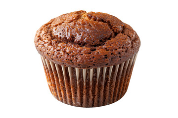 A freshly baked and fluffy chocolate muffin or cupcake isolated on white transparent background, beautifully topped with delightful sweet choco flakes