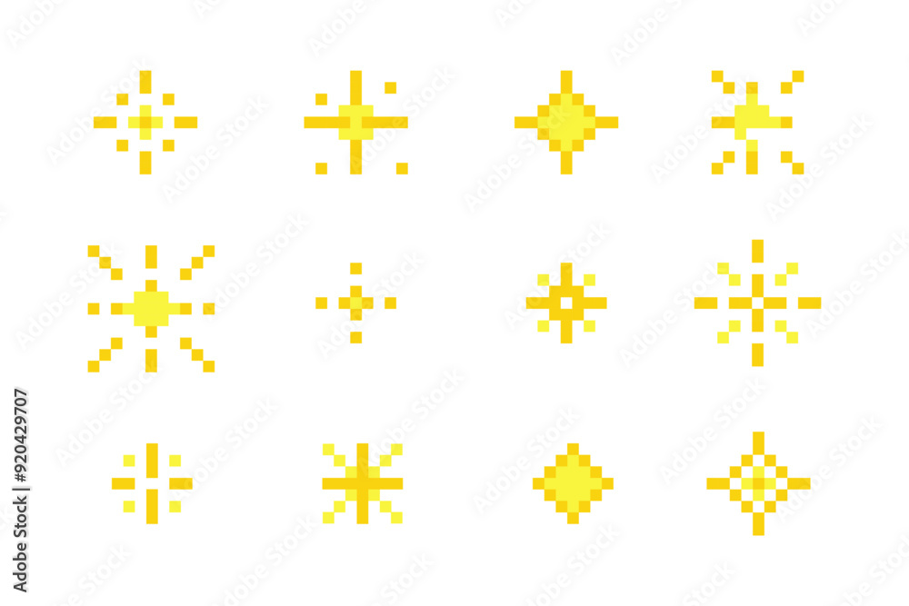 Sticker pixel star retro 8 bit sparkle set. shiny game pixel art effect set. firework burst, space decoratio