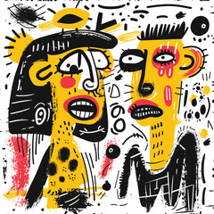 An abstract doodle art with human-like characters and colorful shapes.
