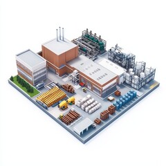 3D Render of a factory with a main production area and separate spaces for office and loading