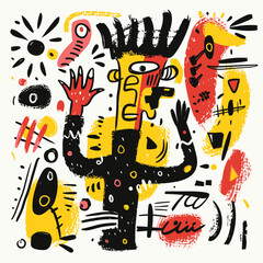 An abstract doodle art with human-like characters and colorful shapes.
