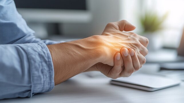 240805 33. Close-up of person clutching painful elbow in modern office setting. Inflamed lateral epicondyle tissue due to computer-related repetitive strain and excessive mouse clicking. Anatomical