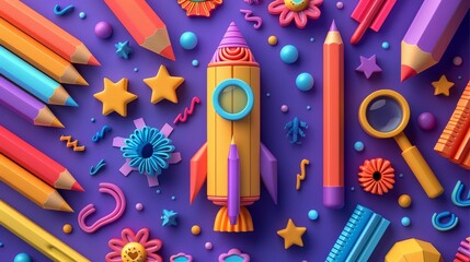 A colorful rocket made from pencils and a magnifying glass honors Astronaut Day during back-to-school season