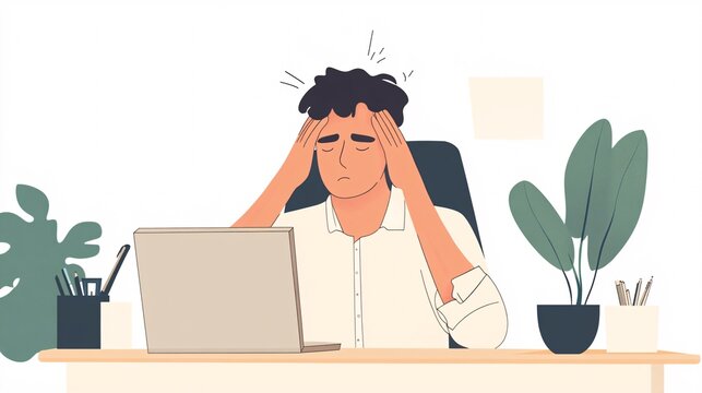240805 52. A man experiencing discomfort at head in corporate workspace. Cranial muscle tension caused by chronic stress and prolonged screen viewing. Medical illustration on white background,png