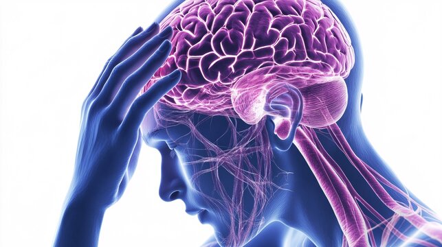 240805 53. Close-up of person clutching painful head in modern office setting. Inflamed cranial nerves due to repetitive strain and excessive computer monitor use. Anatomical visualization on white