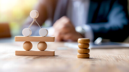 Abstract balance concept showcasing wooden shapes representing stability and decision-making in a business environment.