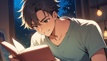 Happy Boy Reading a Book in Japanese Anime or Manga Style - Teenager Enjoying a Novel with Lights and Shadows, Handsome Guy.
