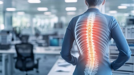 240805 115. Detailed view of torso with highlighted lower back pain in busy office environment. Lumbar vertebrae and surrounding muscle stress from chronic postural issues and extensive periods of