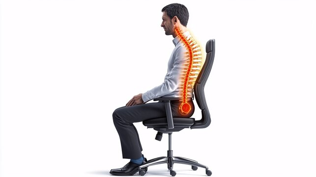 240805 114. Side view of individual grimacing with lower back pain while seated at office chair. Lumbar vertebrae strain resulting from disc herniation and continuous poor ergonomic positioning.