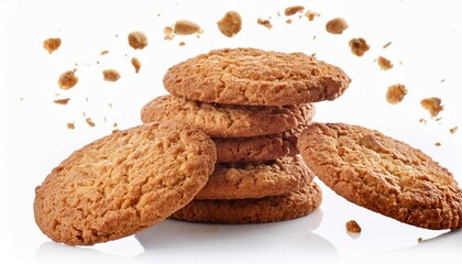 Falling oatmeal cookies isolated on white background