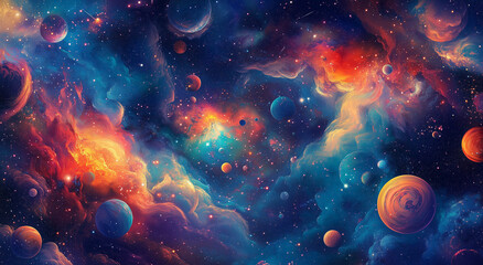 An expansive cosmic scene featuring a distant planet against a backdrop of a nebula, stars, and swirling galaxies, capturing the essence of deep space and the mystical beauty of the universe