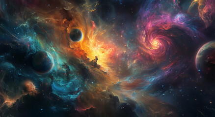 An ethereal cosmic backdrop featuring a vibrant nebula and distant stars, blending elements of fantasy and science fiction to evoke the vastness of the universe
