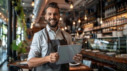 Obraz premium A man in a white shirt and apron is holding a tablet in front of a restaurant