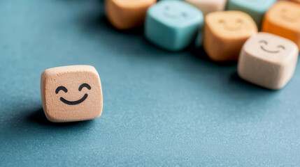 Colorful wooden blocks with smiling faces, evoking feelings of joy and playfulness, perfect for children's themes and education.