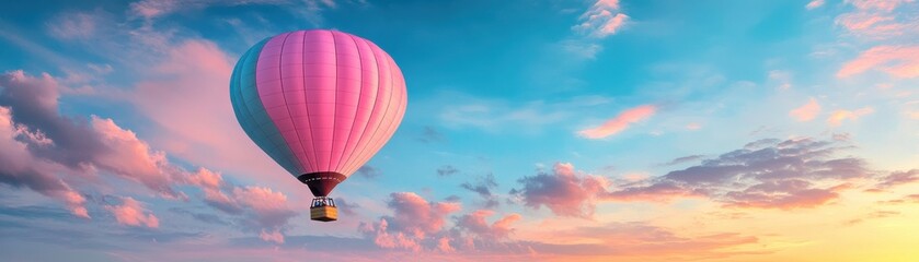 Naklejka premium A vibrant hot air balloon drifting across a colorful sunset sky, surrounded by fluffy clouds and a serene atmosphere.