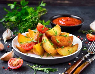 Kartoffelecken mit Tomaten, Tomatenso&szlig;e und frischen Kr&auml;utern 