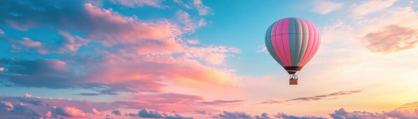 Fototapeta premium A vibrant hot air balloon floats gracefully in a colorful sky during sunset, surrounded by fluffy clouds and warm hues.