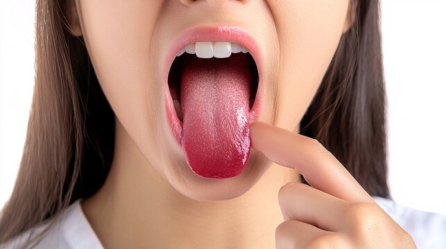 240805 161. A woman having pain at tongue. Lingual muscle inflamed due to glossitis and spicy food consumption longtime. Health and medical concept isolated on white background,png