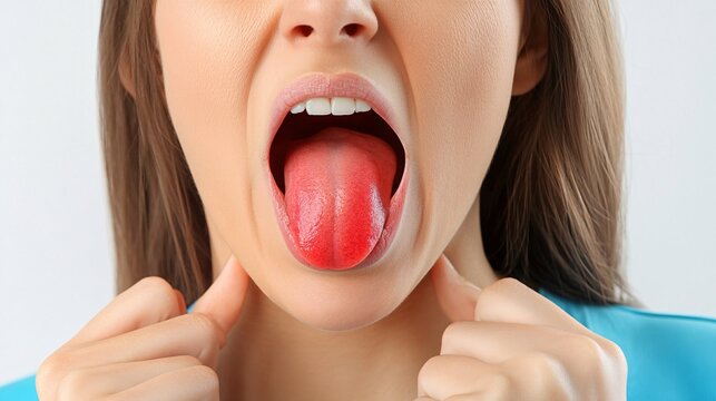 240805 161. A woman having pain at tongue. Lingual muscle inflamed due to glossitis and spicy food consumption longtime. Health and medical concept isolated on white background,png
