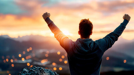 A person celebrating victory against a breathtaking sunset backdrop, expressing joy and freedom in nature's embrace.
