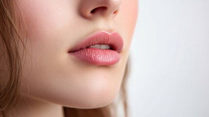 Obraz premium 240805 168. A woman with swollen lips in recording studio. Labial tissue affected due to cheilitis and frequent wind instrument playing longtime. Health and medical concept isolated on white