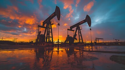 Oil pumps operate against a vibrant sunset at a drilling site in the late afternoon