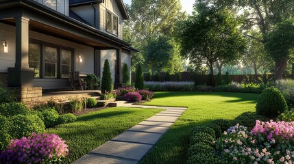 Obraz premium A house with a beautiful front yard landscape settings