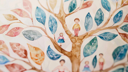 Close-up of a hand-drawn family tree with watercolor leaves and branches, showing generations of a family