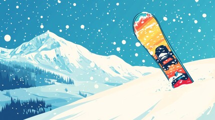 A snowboard on the slope