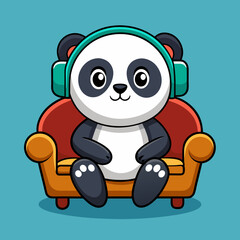 panda with headphone sitting on a couch vector illustration