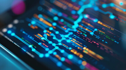 Obraz premium Close-up of a digital family tree on a tablet screen, with branches and connections highlighted in color