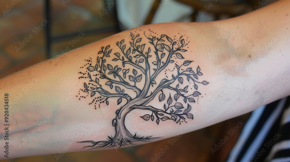 Wall mural close-up of a family tree tattoo on someone's forearm, showing names intertwined with branches and l