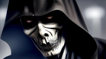 Grim reaper skeleton with dark hood intense stare eerie death skull Halloween horror art spooky mysterious evil shadowy cloak bone chilling gothic supernatural frightening figure