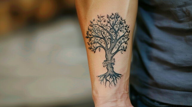 Close-up of a family tree tattoo on someone's forearm, showing names intertwined with branches and leaves
