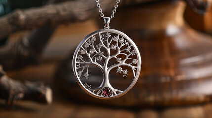 Close-up of a family tree pendant necklace, with engraved names on each branch and a gem at the base