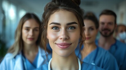 Fototapeta premium A smiling nurse in blue scrubs stands with her medical team behind